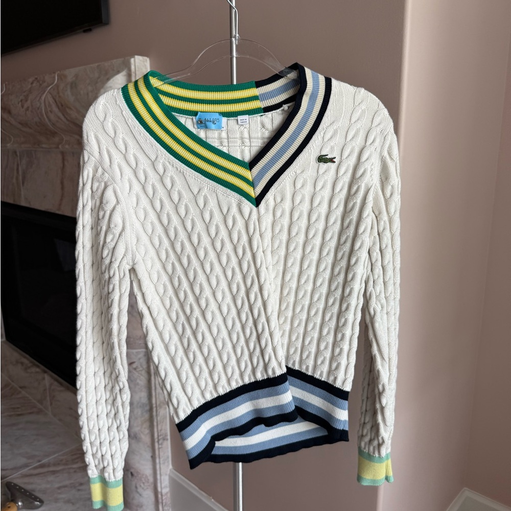Lacoste Women’s Heritage V-Neck Cotton Blend Cable Knit Sweater